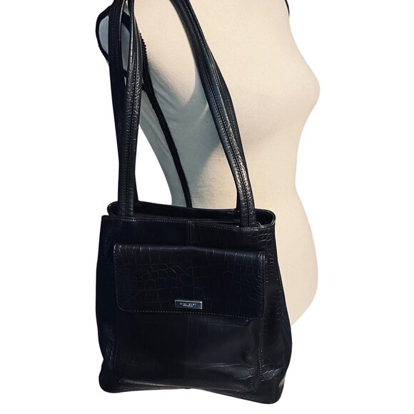 Nine West Chic Faux Croc Embossed Black Shoulder Bag - Snap/Zip Closure Storage - Picture 2 of 11